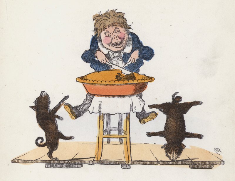 Garçon mangeant une tarte tandis que son chien de compagnie fait des acrobaties - Charles Henry (after) Bennett