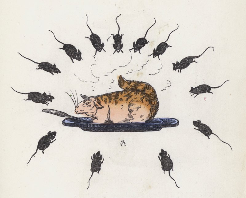 Chat glouton sur une assiette entouré de souris affamées - Charles Henry (after) Bennett