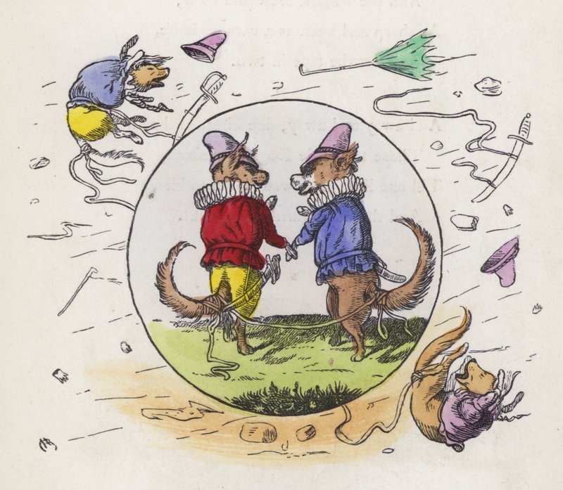 Deux chiens en costume Tudor se promenant un jour venteux avec leurs queues attachées ensemble pour éviter d