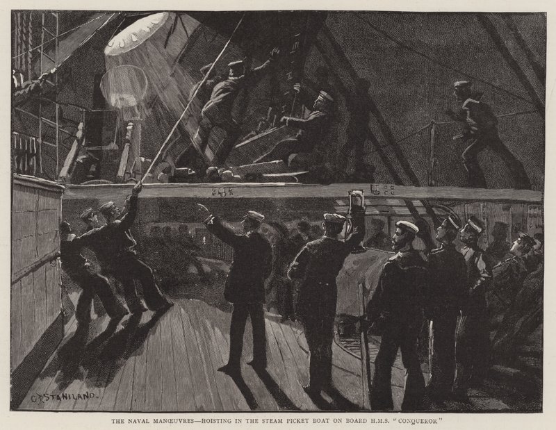 Les manœuvres navales, hissage du bateau à vapeur à bord du HMS Conqueror - Charles J. Staniland