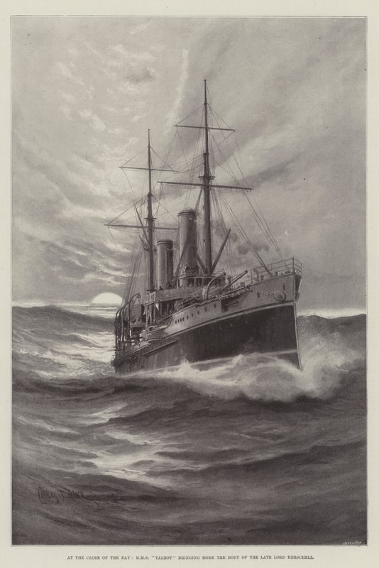 À la fin de la journée, HMS Talbot ramenant le corps du défunt Lord Herschell - Charles John de Lacy