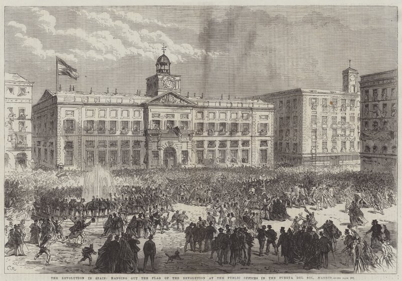 La révolution en Espagne, hisser le drapeau de la révolution aux bureaux publics de la Puerta del Sol, Madrid - Sir John Charles Robinson
