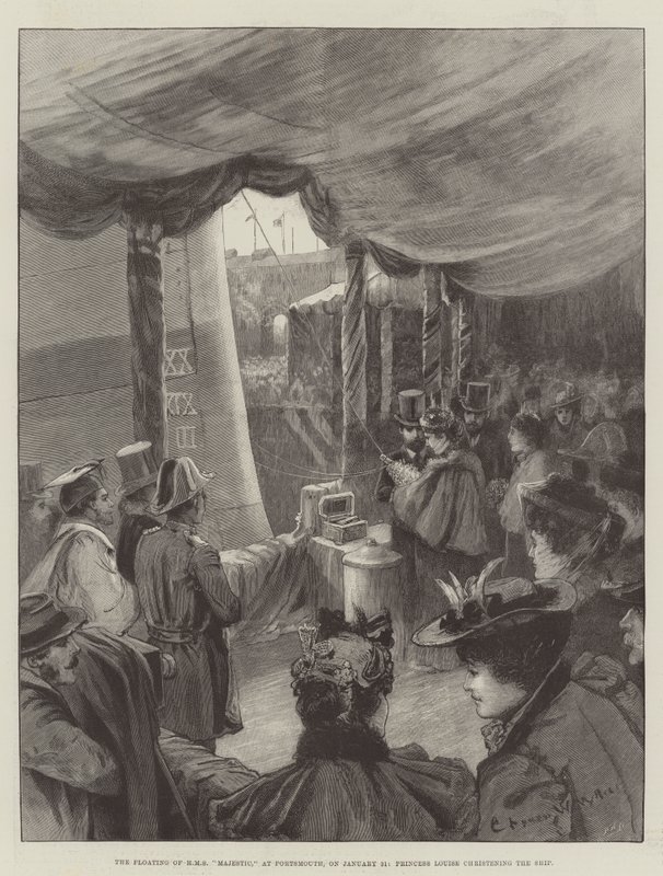 Le lancement du HMS Majestic à Portsmouth, le 31 janvier, la princesse Louise baptisant le navire - Charles William Wyllie