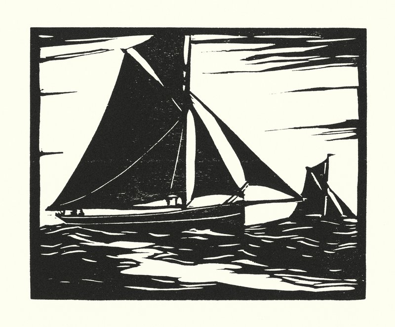 Bateaux de pêche et barges : Plymouth Long Boomer (gravure sur bois) - Cyril A. Wilkinson