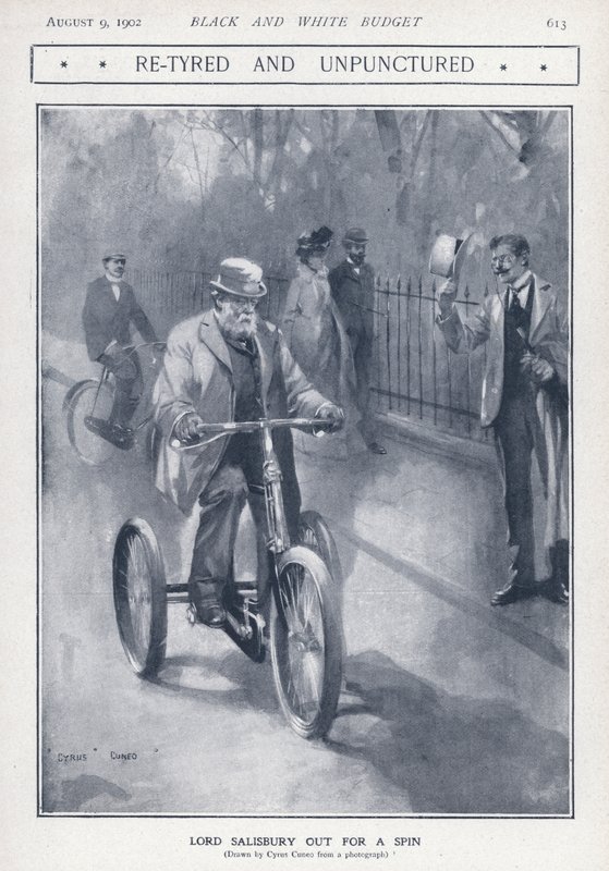 Politicien conservateur anglais et Premier ministre Lord Salisbury à vélo - Cyrus Cuneo