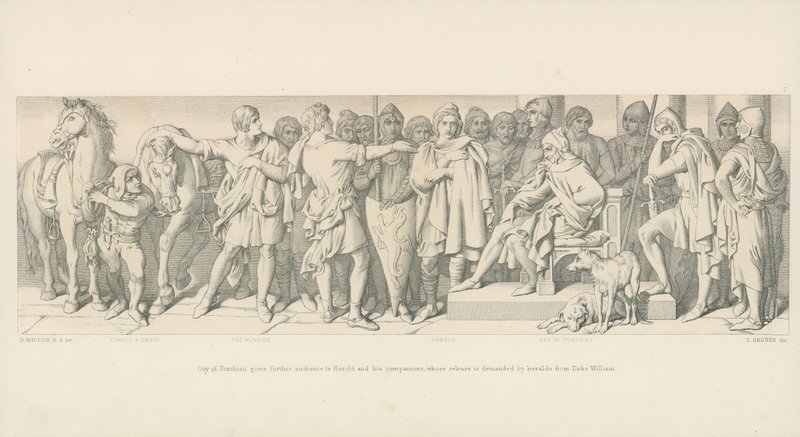 Guy de Ponthieu donne une nouvelle audience à Harold et ses compagnons, dont la libération est demandée par des hérauts du duc Guillaume - Daniel Maclise