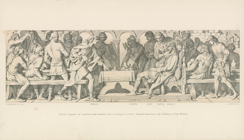 Harold conquérant à Stamford, et blessé, assis à un banquet à York. Un héraut annonce le débarquement du duc Guillaume - Daniel Maclise
