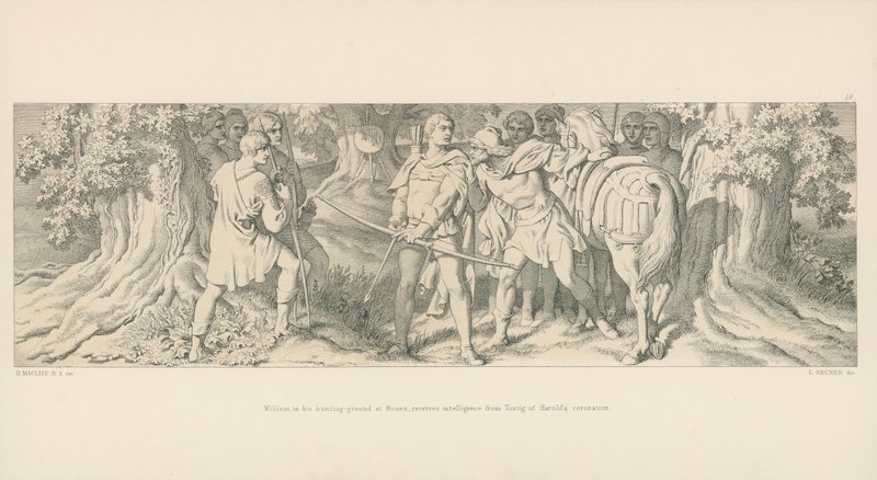 William, dans son terrain de chasse à Rouen, reçoit des nouvelles de Tostig sur le couronnement d