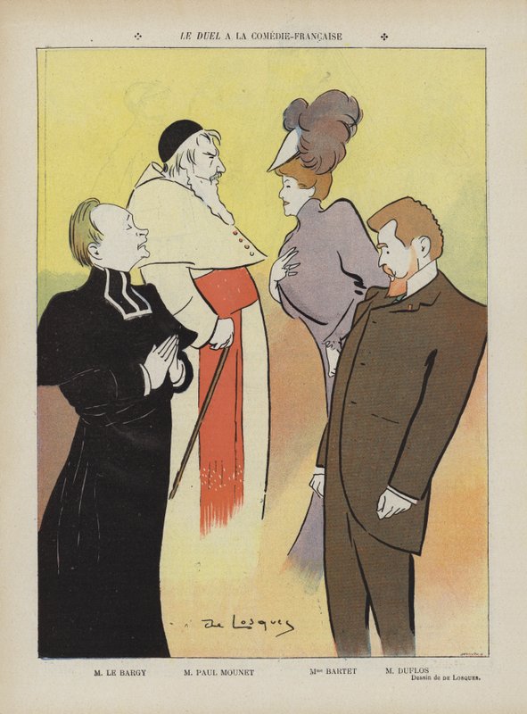 Production de la pièce Le Duel à la Comédie-Française. Illustration pour Le Rire - Daniel de Losques