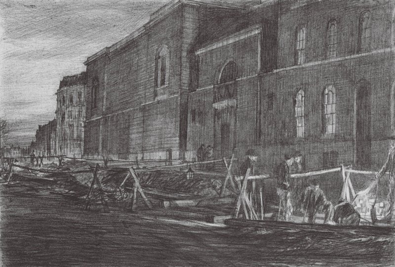 Londres : Aube à la prison de Newgate (lithographie en couleur) - David Muirhead (after) Bone