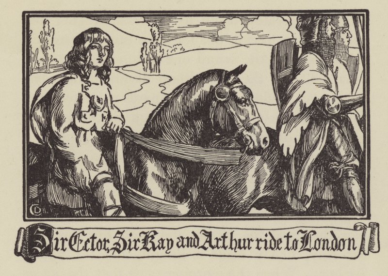 Sir Ector, Sir Kay et Arthur chevauchent vers Londres - Dora Curtis