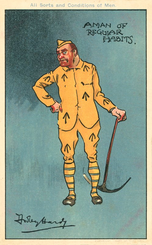 Crime et châtiment : prisonnier tenant une pioche (chromolithographie) - Dudley Hardy