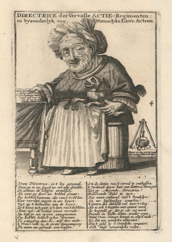 Directrice des régiments de stocks dégradés, impression satirique sur la bulle du Mississippi - Dutch School