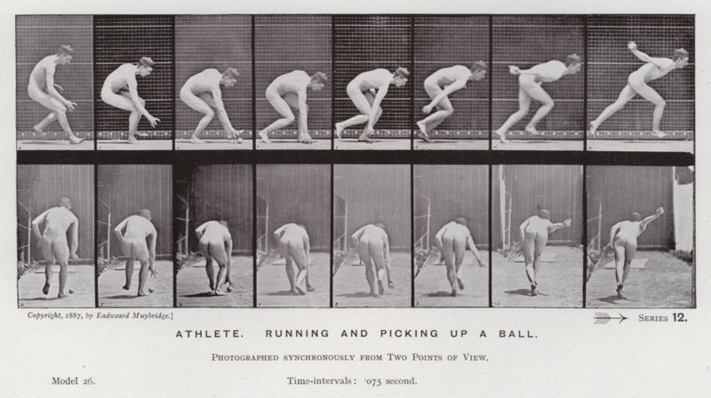 La figure humaine en mouvement : Athlète courant et ramassant une balle - Eadweard Muybridge