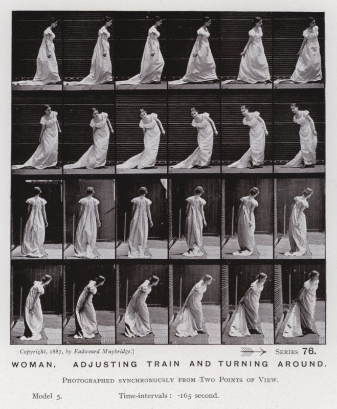 La figure humaine en mouvement : Femme ajustant sa traîne et tournant autour - Eadweard Muybridge