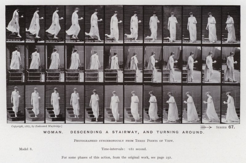 La figure humaine en mouvement : Femme, descendant un escalier et tournant (photo n/b) - Eadweard Muybridge