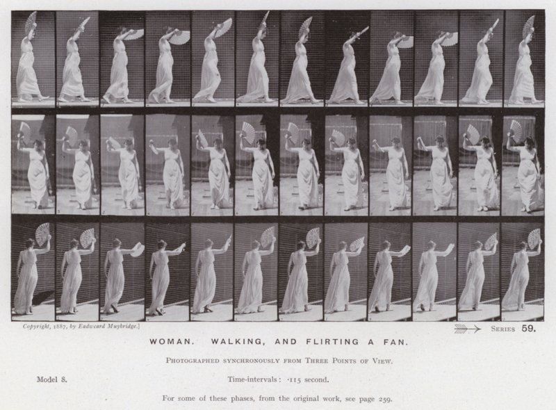 La Figure Humaine en Mouvement : Femme, marcher et agiter un éventail - Eadweard Muybridge
