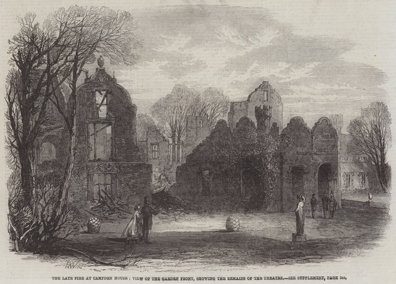 Le récent incendie à Campden House, vue de la façade du jardin, montrant les restes du théâtre - Edmund Morison Wimperis