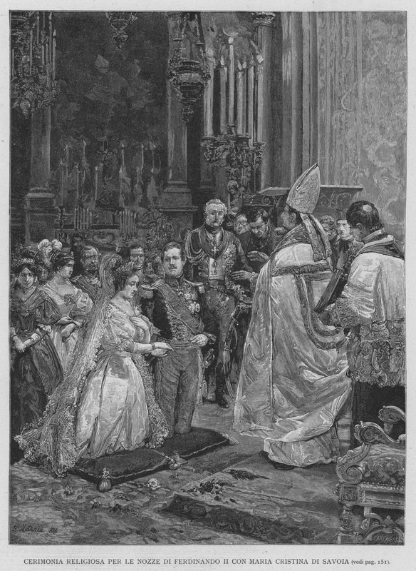 Cérémonie religieuse pour le mariage de Ferdinand II avec Marie-Christine de Savoie - Edouardo Matania