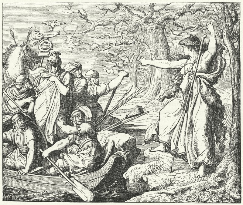 Le général romain Nero Claudius Drusus sur le fleuve Elbe, 9 av. J.-C. - Eduard Bendemann
