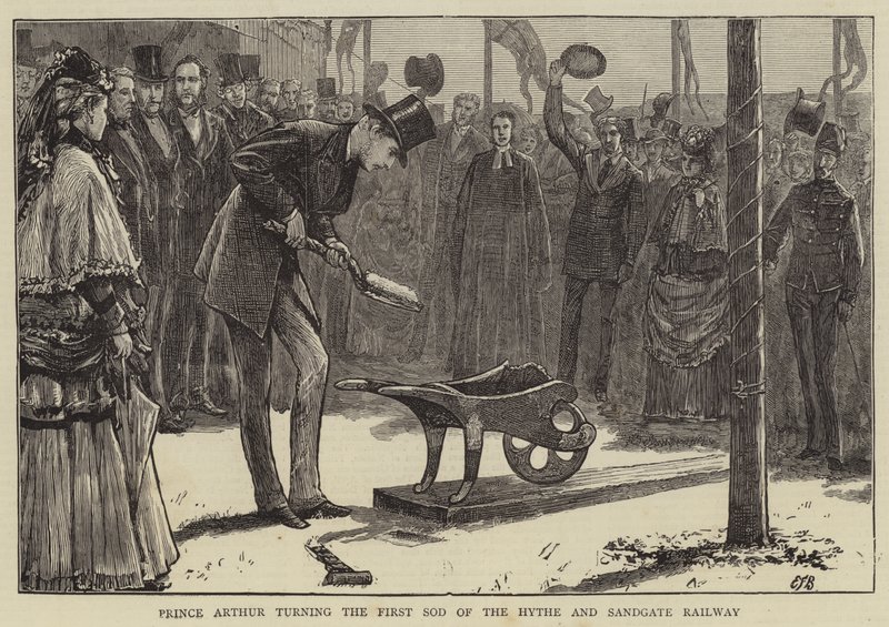 Le prince Arthur retournant la première motte de la voie ferrée de Hythe et Sandgate - Edward Frederick Brewtnall