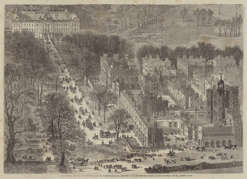Vue aérienne de Buckingham et des palais de St James, montrant le cortège passant - Edward Hull