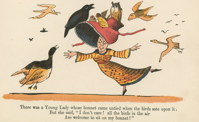 Il y avait une jeune dame dont le bonnet se détachait quand les oiseaux s