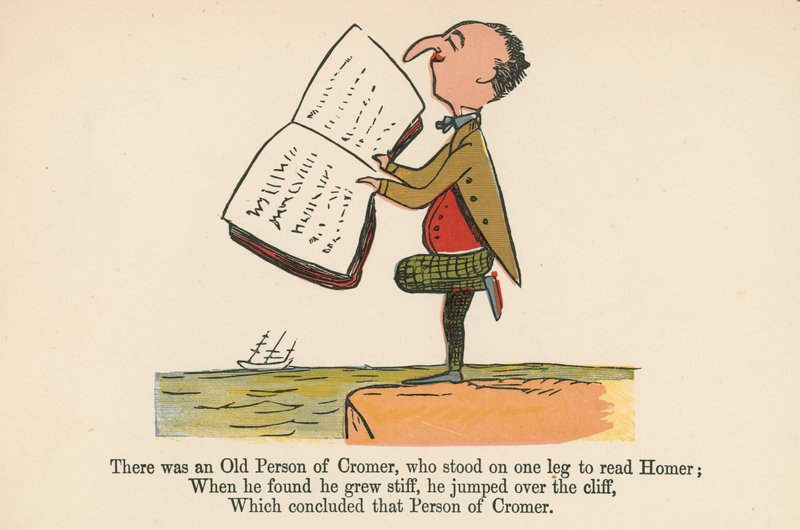 Il y avait une vieille personne de Cromer, qui se tenait sur une jambe pour lire Homère, du 