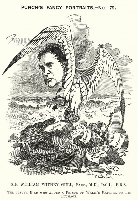 Caricature de Sir William Withey Gull, médecin anglais qui a traité le prince de Galles pour la typhoïde et est devenu médecin ordinaire de la reine Victoria (gravure) - Edward Linley (after) Sambourne
