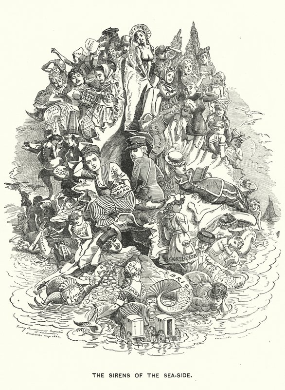 Caricature de Punch : Les sirènes de la côte - stations balnéaires britanniques - Edward Linley (after) Sambourne