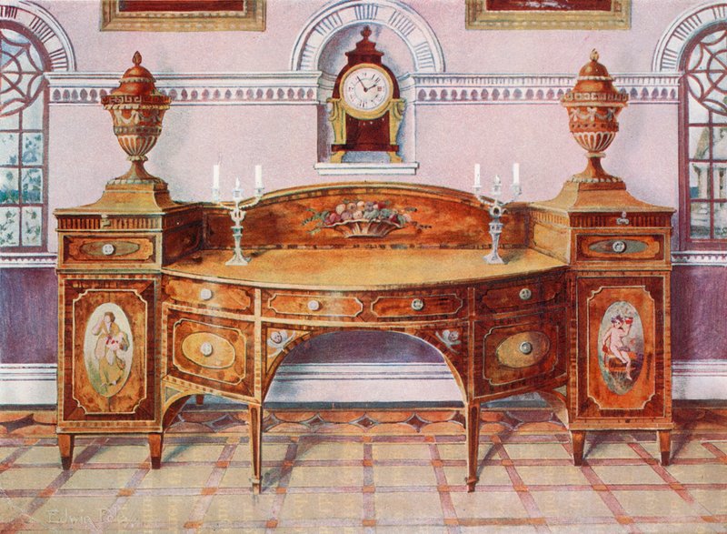 Buffet en bois de satin peint et incrusté. Horloge en acajou - Edwin John Foley