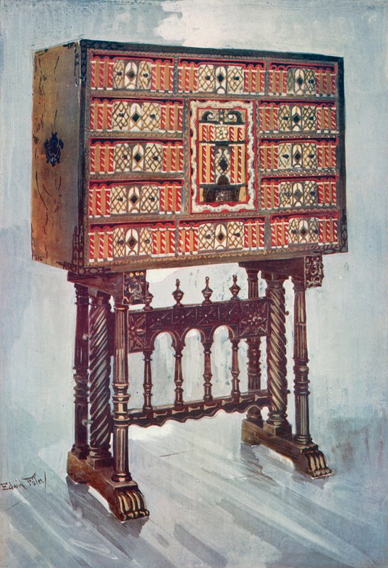 Cabinet Vargueno en châtaignier, ivoire, etc., peint et doré avec montures en fer forgé et acier : sur un support torsadé, tourné et sculpté - Edwin John Foley