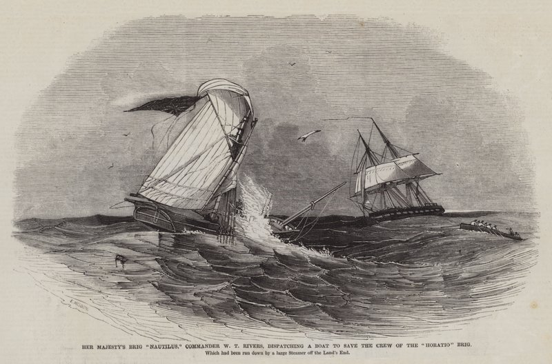 Le Brig Nautilus de Sa Majesté, Commandant W T Rivers, envoyant un bateau pour sauver l