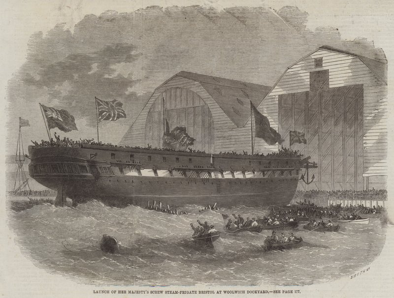 Lancement de la frégate à vapeur à vis de Sa Majesté Bristol au chantier naval de Woolwich - Edwin Weedon