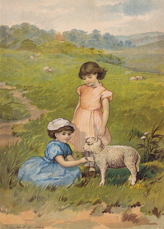 Deux filles caressant un agneau - Emily Jane Harding Andrews