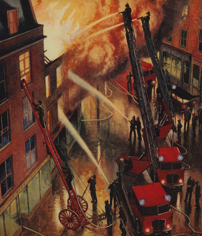 Brigade des pompiers en action, Angleterre, années 1960 - English School