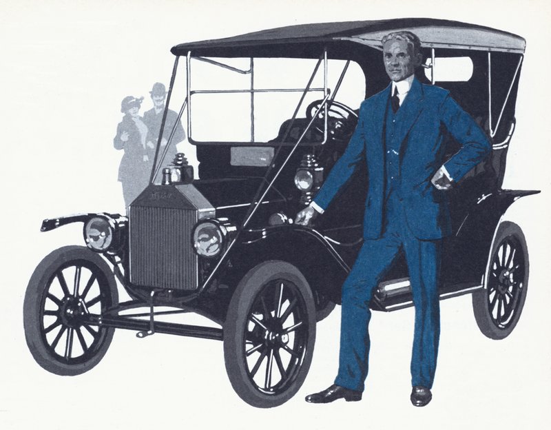 Henry Ford avec la célèbre Modèle T qui a fait la renommée et la fortune de Ford - English School