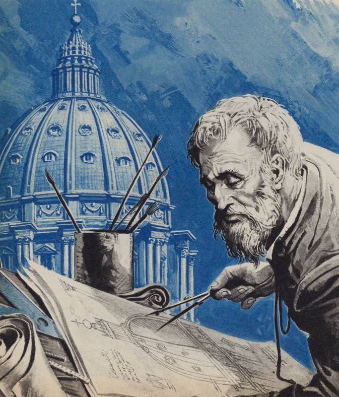 Michel-Ange, avec son dessin pour le dôme de Saint-Pierre à Rome - English School