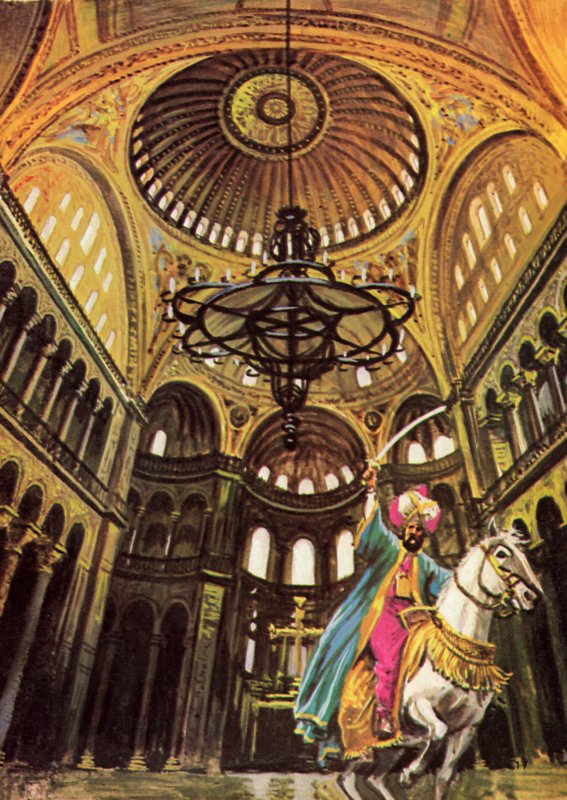 Sultan Mehmed entrant à cheval dans la grande église de Sainte-Sophie - English School