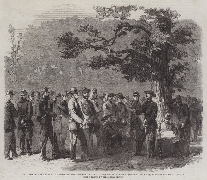 La guerre civile en Amérique, prisonniers confédérés capturés par les piquets des États-Unis entre Fairfax et Manassas Junction, Virginie - English School
