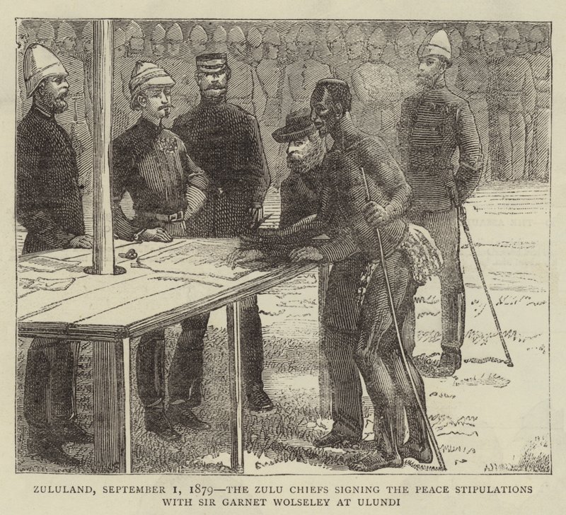 Zululand, 1er septembre 1879, les chefs zoulous signant les stipulations de paix avec Sir Garnet Wolseley à Ulundi - English School