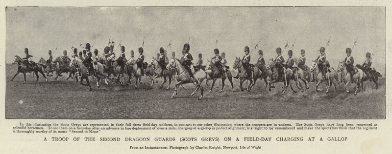 Une troupe des Second Dragoon Guards (Scots Greys) en charge au galop lors d