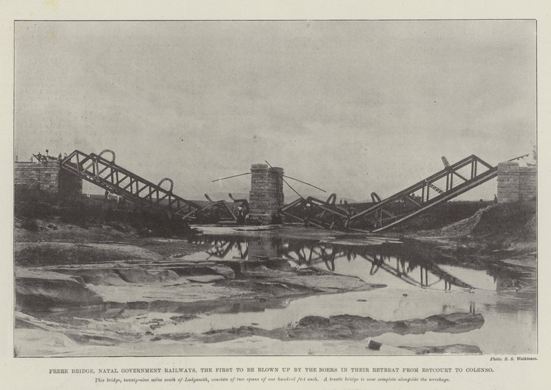 Pont Frere, chemins de fer du gouvernement du Natal, le premier à être détruit par les Boers lors de leur retraite d