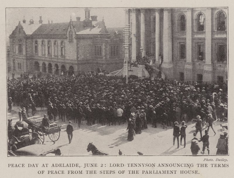 Jour de la paix à Adélaïde, 2 juin, Lord Tennyson annonçant les termes de la paix depuis les marches du Parlement - English Photographer