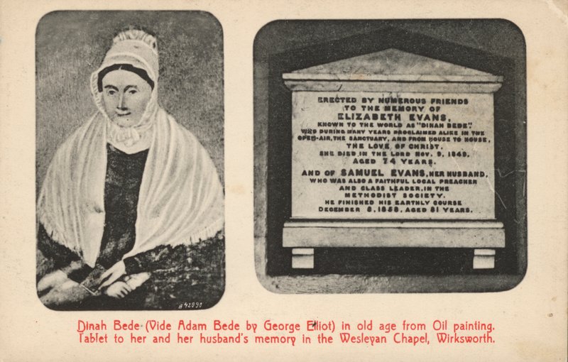 Portrait et pierre tombale de la tante de George Elliot (Elizabeth Evans), l