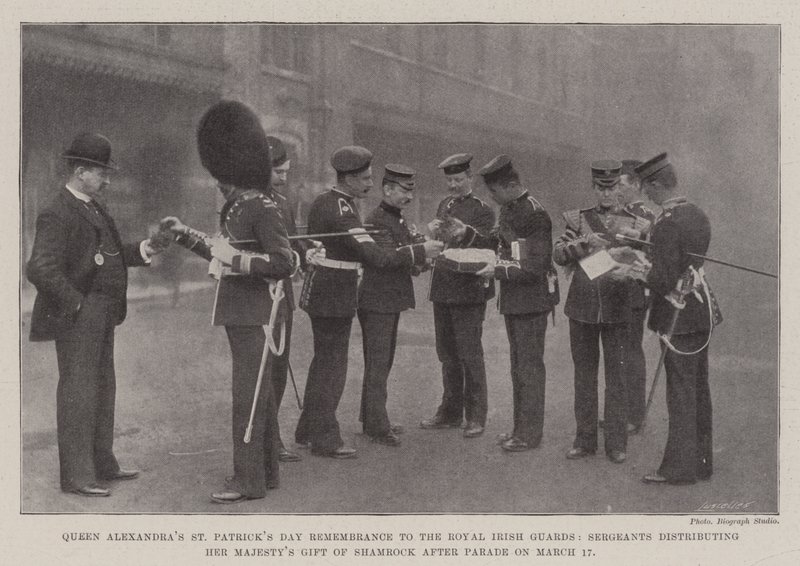 Souvenir de la Saint-Patrick de la Reine Alexandra aux Gardes Irlandais Royaux, les Sergents distribuant le Cadeau de Trèfle de Sa Majesté après le Défilé du 17 mars - English Photographer