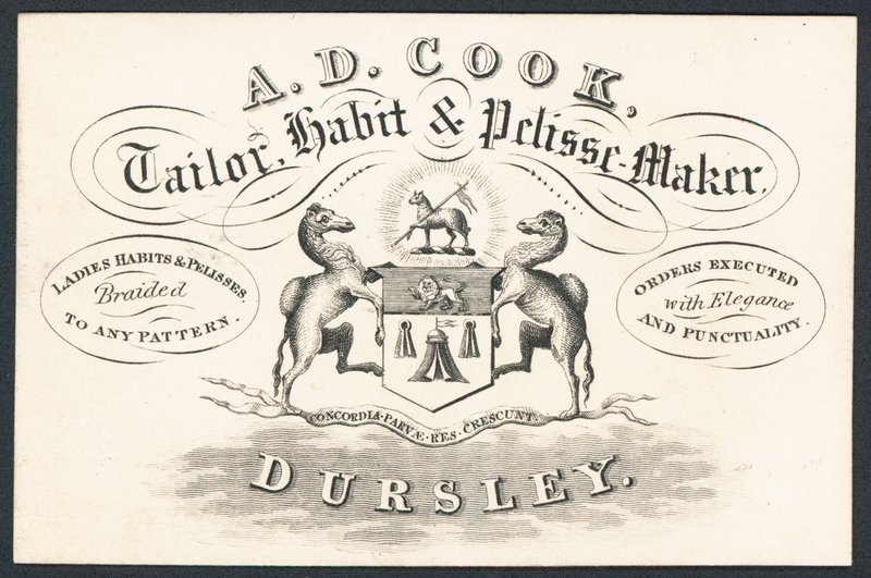 A D Cook, tailleur, fabricant de vêtements et de pelisses, carte de visite - English School