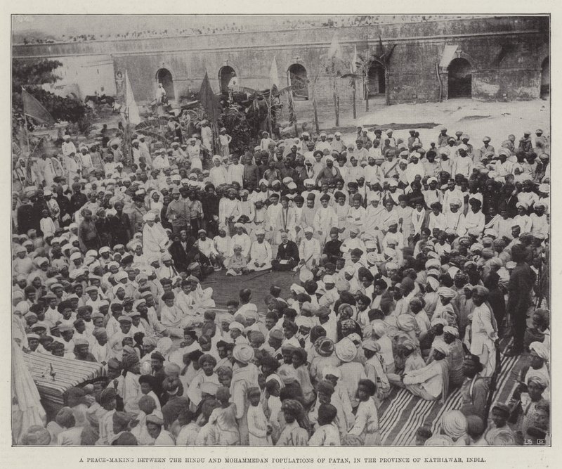 Réconciliation entre les populations hindoue et musulmane de Patan, dans la province de Kathiawar, Inde (gravure) - English School