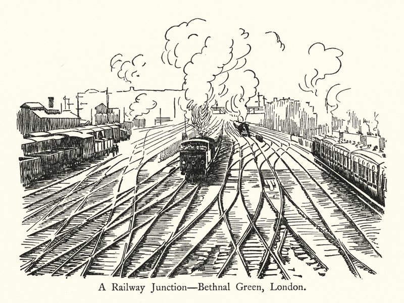 Une jonction ferroviaire, Bethnal Green, Londres (lithographie) - English School