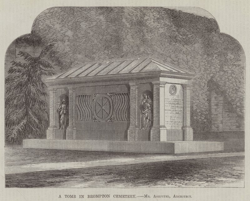 Tombe au cimetière de Brompton, M. Ashpitel, Architecte (gravure) - English School